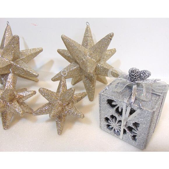 Star Glitter Christmas Ornaments Hanging Silver Boxes Bows 7 Pcs 5" 3" Set Old - Picture 3 of 5